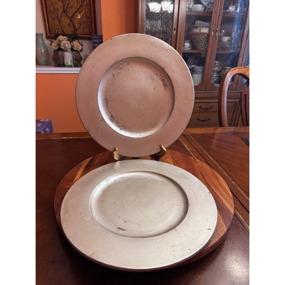 PIER 1 Handcrafted SILVER Vintage Pottery Chargers A SET OF 2